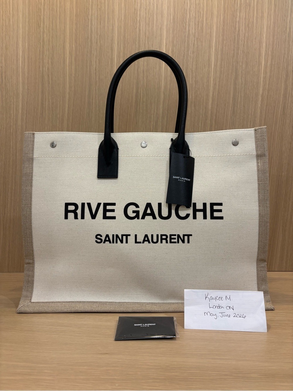 Saint Laurent Rive Gauche Canvas Tote in Beige with Black Accents